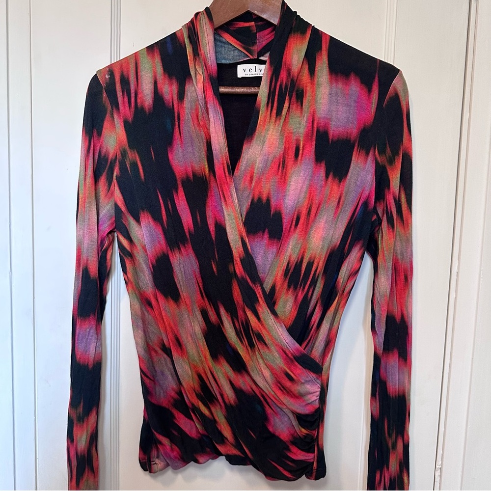 Anthropologie Velvet by Graham & Spencer Multicolour Faux Wrap Front Top